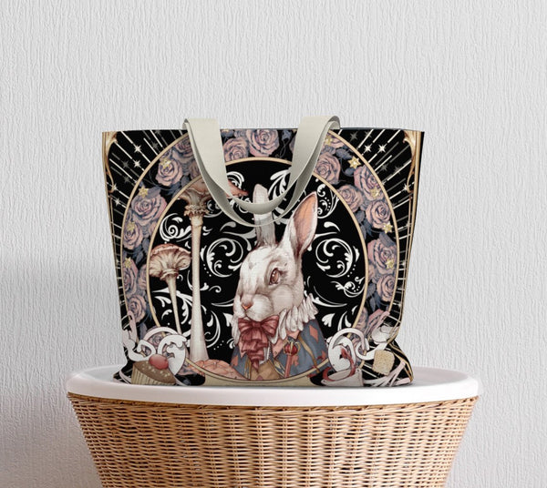 Alice, the White Rabbit - Black Tote Bag - Sutoru - Large Tote Bag - Sutoru
